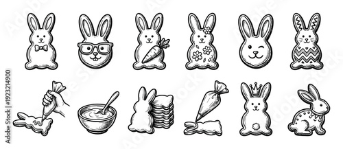 Hand-drawn Easter bunny gingerbread cookies set in a vintage sketch style, showing the process of decorating with icing and a piping bag, isolated on a white background