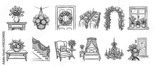 Collection of vintage home decor and floral illustrations in a classic black ink sketch style, featuring furniture, flowers, and wedding elements isolated on white