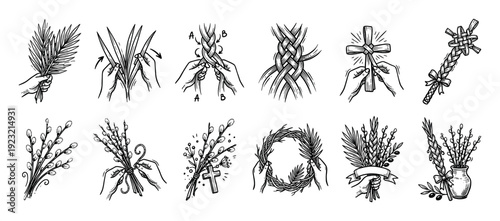 Set of hand-drawn Palm Sunday illustrations showing palm frond weaving instructions, pussy willow bouquets, and religious Christian symbols like crosses and wreaths, isolated on white background
