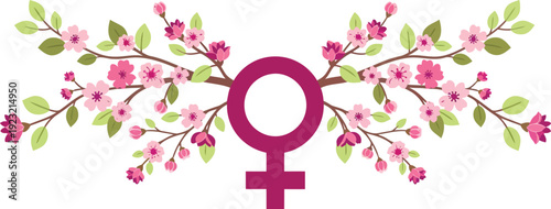 Venus Symbol Female Icon Decorated with Pink Flower Branches and Leaves