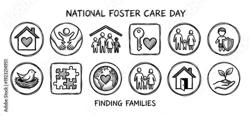 Set of hand-drawn foster care icons representing family, love, adoption, and support in a doodle style, arranged in a banner format on a clean white background for conceptual use