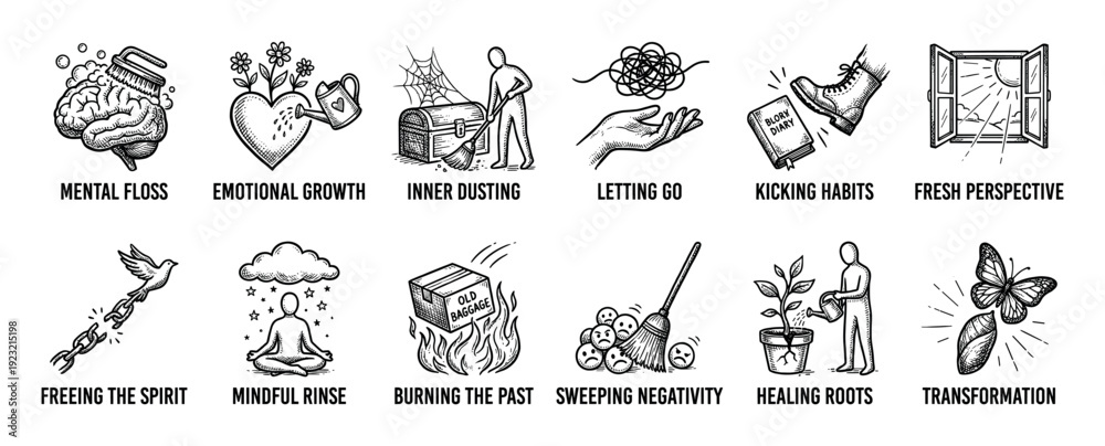Fototapeta premium Collection of twelve hand-drawn icons representing mental health and self-improvement concepts, including transformation, letting go, and mindfulness, in a black and white sketch style
