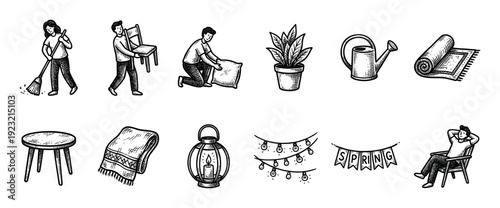 Set of hand-drawn spring cleaning icons featuring people doing chores, furniture, garden tools, and cozy home decorations in a vintage sketch style isolated on white