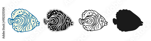 Exotic tropical fish vector illustration in hand drawn sketch style, ink lines and vintage engraving or silhouette. Detailed aquarium sea creature, graceful silhouette, retro marine minimal artwork