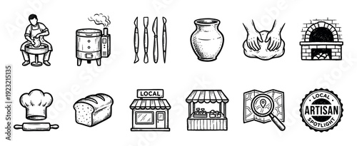 Various hand-drawn artisan and local business symbols are neatly arranged, depicting pottery, baking, and market elements in a detailed, vintage black and white style on a clean white background