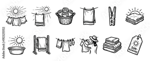 Hand-drawn laundry and sun-drying icon set with clothes on a clothesline, towels, a basket, and a clothespin in a vintage sketch style isolated on a white background