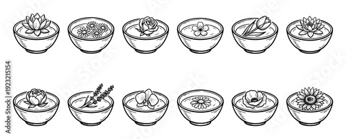 Hand-drawn set of various flowers floating in bowls of water, a black and white line art collection for spa, wellness, and aromatherapy concepts, isolated on a white background