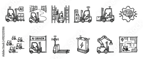 Hand drawn warehouse automation and logistics icons set showing autonomous forklifts, AI technology, robotic arms, and electric charging in a black and white sketch style isolated on white