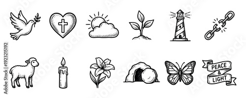 Collection of twelve Christian religious icons hand-drawn in a vintage engraving style, featuring a dove, lamb, and empty tomb for Easter, isolated on a white background