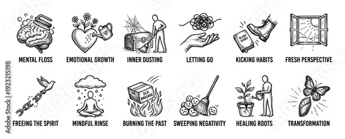 Collection of twelve hand-drawn icons representing mental health and self-improvement concepts, including transformation, letting go, and mindfulness, in a black and white sketch style