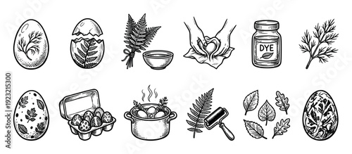 Hand drawn icon set for Easter egg dyeing with natural plants and herbs in a vintage sketch style, showing the creative DIY process from boiling to decorating, isolated on white