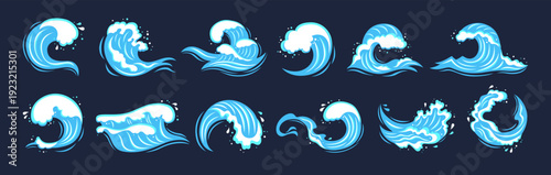Sea wave set with various water splashes, flowing waves and abstract ocean shapes. Wave icons graphic dynamic liquid motion, modern marine elements and fluid aquatic forms illustration