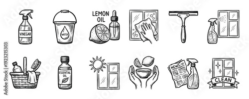 Hand-drawn window cleaning icons set in sketch style showing natural DIY methods with vinegar, lemon, and essential oils for a sparkling clean home, isolated on white background