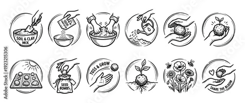 Set of hand-drawn seed bomb icons showing step-by-step instructions for making and planting wildflower seed balls, in a vintage black and white sketch style isolated on white