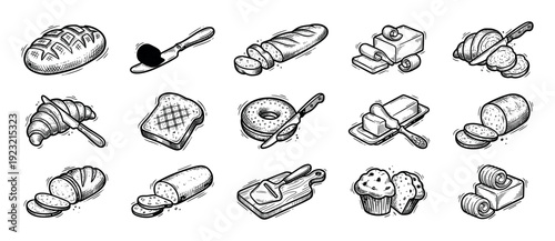 Hand drawn bakery and dairy product icons set with bread, butter, croissant, and muffin in a vintage sketch style, isolated on a white background for food design