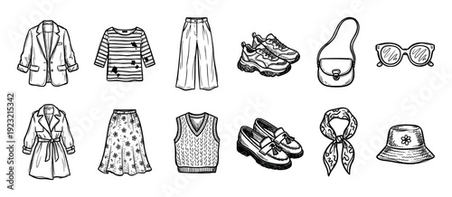 Hand-drawn set of women's fashion clothing and accessories with a blazer, skirt, sneakers, and hat in a black and white sketch style isolated on a white background