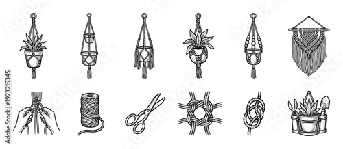 Hand-drawn macrame elements set with plant hangers, wall decor, knots, and crafting tools in a vintage engraving sketch style, isolated on a white background for DIY projects