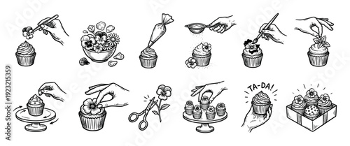 Hand-drawn cupcake decorating process illustrations set showing hands with flowers, piping bag, and tools in a vintage sketch style, isolated on a white background