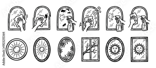Hand-drawn doodle set of mirrors and window cleaning icons showing hands wiping glass with a cloth and spray bottle, in a black and white sketch style isolated on white
