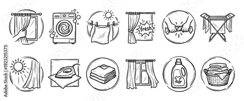 Hand-drawn laundry and cleaning service icons set showing a washing machine, iron, detergent, and clothes drying on a line, a sketch style illustration isolated on white background