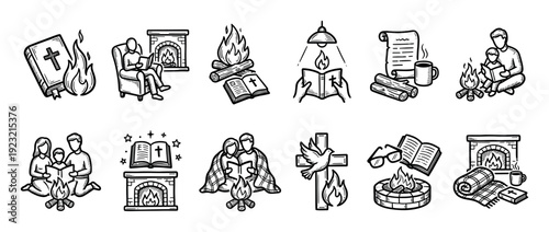 Set of hand-drawn Christian icons showing faith, family, and cozy home life with Bibles, crosses, fireplaces, and campfires, isolated on a white background