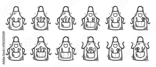Collection of hand-drawn aprons with tools for various professions like cooking, gardening, art, and repair, illustrated in a black and white doodle sketch style isolated on white
