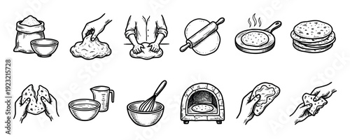 Hand-drawn bread making process icons set showing kneading dough, rolling pin, flour, oven, and flatbread in a vintage sketch style isolated on white