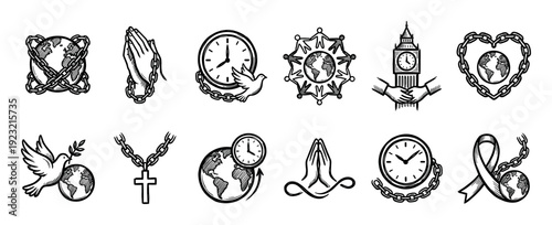 Set of black and white hand-drawn icons featuring globes, doves, clocks, and chains to symbolize concepts like world peace, unity, prayer, and freedom, isolated on white