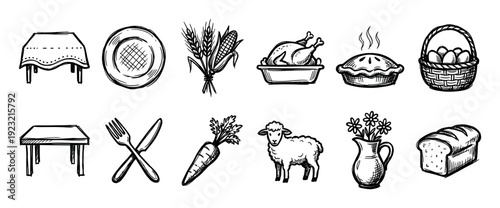 Hand-drawn rustic food and farm icons set featuring a roasted chicken, pie, bread, and sheep in a black ink sketch style, representing harvest and Thanksgiving themes, isolated on white