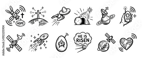 Set of hand-drawn Christian sci-fi icons blending religious symbols like the cross and empty tomb with space exploration themes like satellites and spaceships, isolated on white