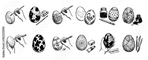 Set of hand-drawn Easter egg decorating illustrations showing the creative process with hands, brushes, and pens in a black and white sketch style isolated on white background