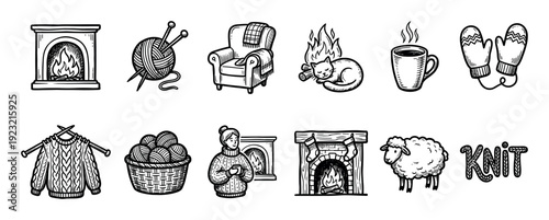 Set of hand-drawn knitting icons in a black and white doodle style featuring a fireplace, yarn, sweater, and cozy home elements isolated on a white background