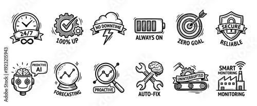 Hand drawn business service quality icon set in a black and white doodle style illustrating reliability, uptime, security, proactive monitoring, and predictive AI, isolated on white