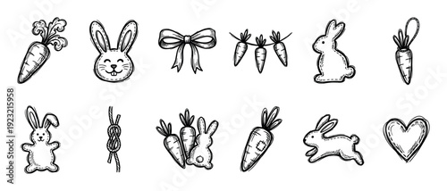 Hand-drawn Easter doodle icon set with bunnies, carrots, a bow, and a heart in a cute sketch style, isolated on a white background for festive holiday design