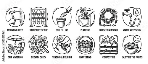 Set of twelve strawberry growing icons showing the step-by-step process from mounting and planting to harvesting and composting in a hand-drawn doodle style isolated on white