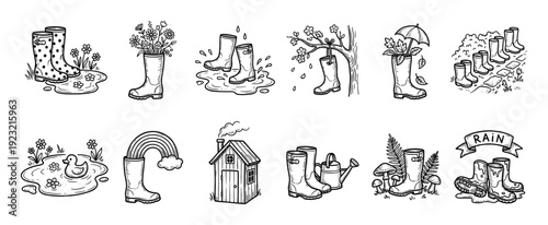 Hand-drawn doodle illustration set of rain boots in various spring and autumn scenes with flowers, puddles, and rainbows, created in a charming black and white line art style isolated on white