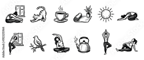 Hand-drawn yoga and morning routine icons set in a black and white sketch style, featuring wellness and self-care elements like poses, coffee, and a cat, isolated on white