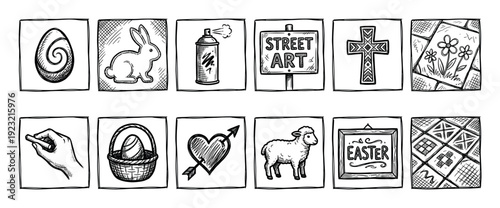 Hand drawn Easter and street art icons set in a sketchy doodle style with egg, bunny, lamb, cross, and graffiti symbols, isolated on a white background for spring holiday design