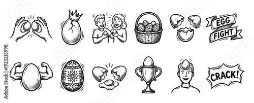 Hand-drawn Easter egg fight icon set showing people playing, a basket, broken shells, and a trophy, all in a black and white doodle sketch style isolated on white