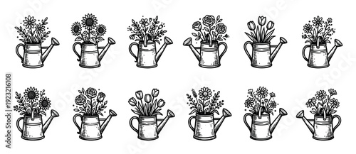 Set of hand-drawn vintage watering cans with flower bouquets in a rustic sketch style, featuring various blooms like roses and daisies, isolated on a white background