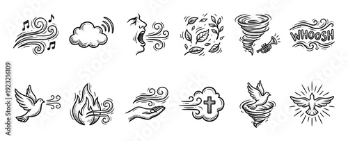 Set of hand drawn Christian spiritual icons representing the holy spirit with wind, breath, fire, dove, and cross symbols in a vintage black and white doodle style on a white background