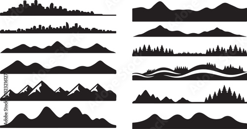 Various Black Silhouette Mountain and City Skyline Graphic Elements