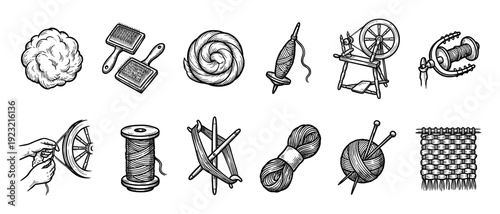 Vintage yarn spinning and knitting process icons in a hand-drawn woodcut style, showing raw wool, carders, a spinning wheel, spindle, and a ball of yarn with needles isolated on white