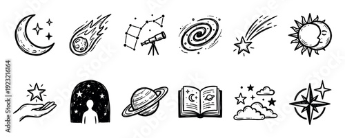 Collection of hand drawn celestial icons featuring a moon, sun, stars, planet, galaxy, and telescope in a black and white doodle style, isolated on a white background
