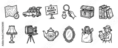 Hand-drawn flea market icon set with vintage objects like a camera, car, map, and teapot in a black and white doodle style isolated on a white background