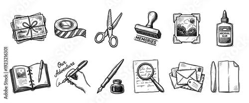 Hand-drawn scrapbooking and journaling icon collection with photos, letters, scissors, and pens in a vintage black and white sketch style, isolated on a white background