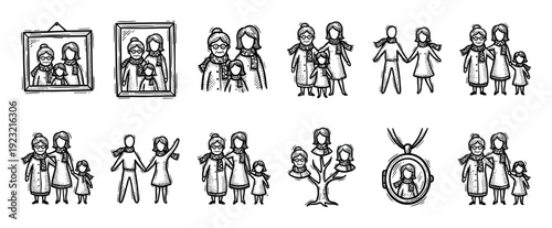Hand-drawn family illustration set with three generations of women including a grandmother, mother, and daughter in a vintage sketch style with icons like a photo frame and family tree