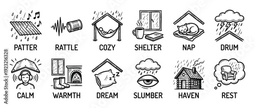 Set of hand-drawn doodle icons representing rain sounds, comfort, coziness, and relaxation for sleep and ASMR concepts, isolated on a white background
