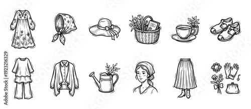 Collection of vintage hand-drawn cottagecore illustrations featuring rustic clothes, accessories, and garden elements in a black and white sketch style, isolated on a white background