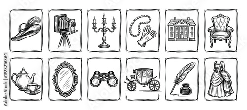 Set of twelve hand-drawn vintage icons featuring antique objects like a camera, carriage, and dress in a black and white sketch style, isolated on a white background for design